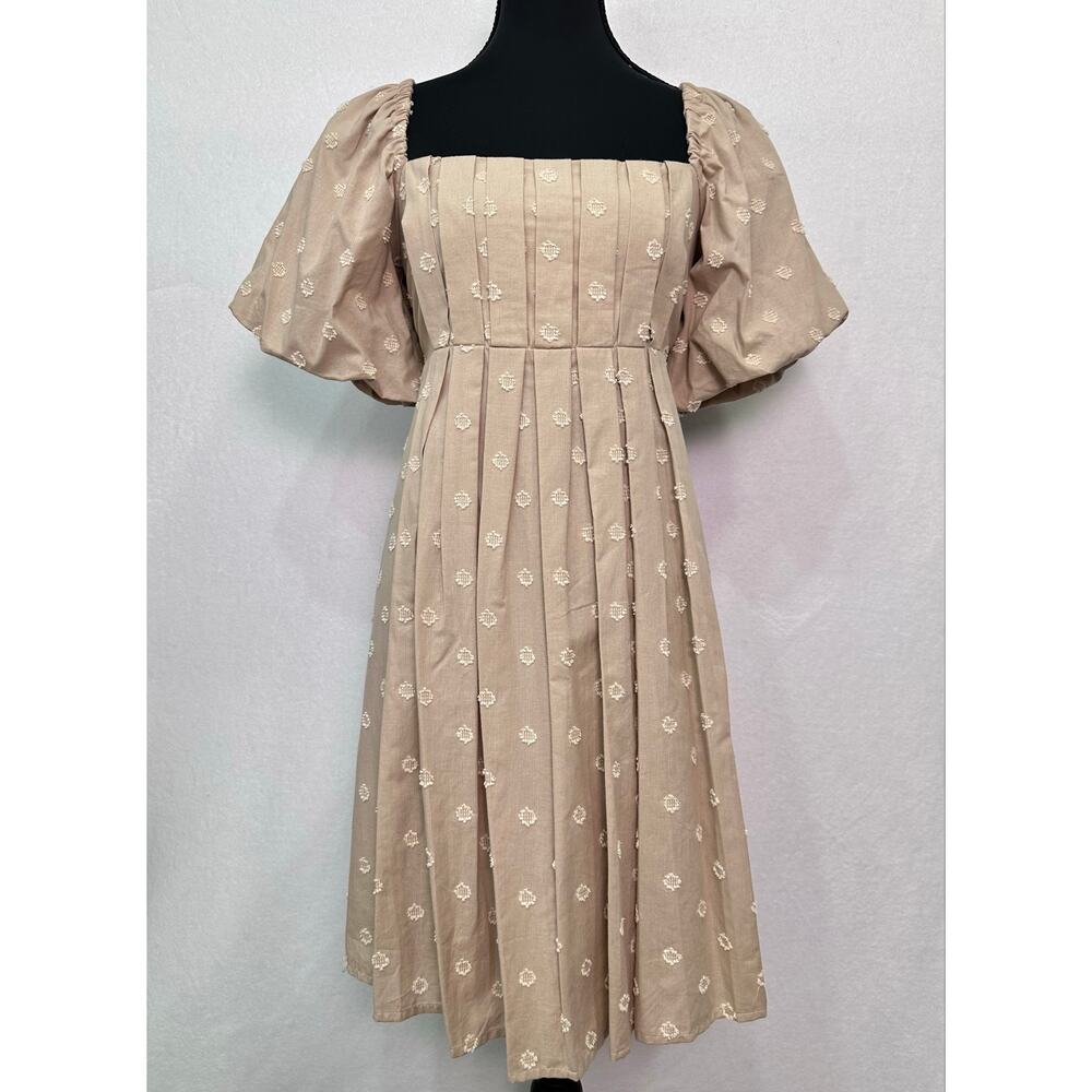 NWT And Now This Beige Cotton Dobby Dot Puff Sleeve Cottagecore Dress Size XS - Picture 2 of 12